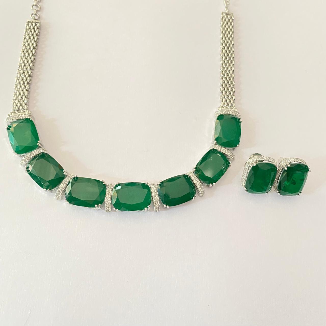 Emerald Big Stone Necklace Set in Silver Plated