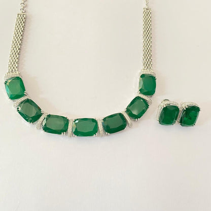 Emerald Big Stone Necklace Set in Silver Plated
