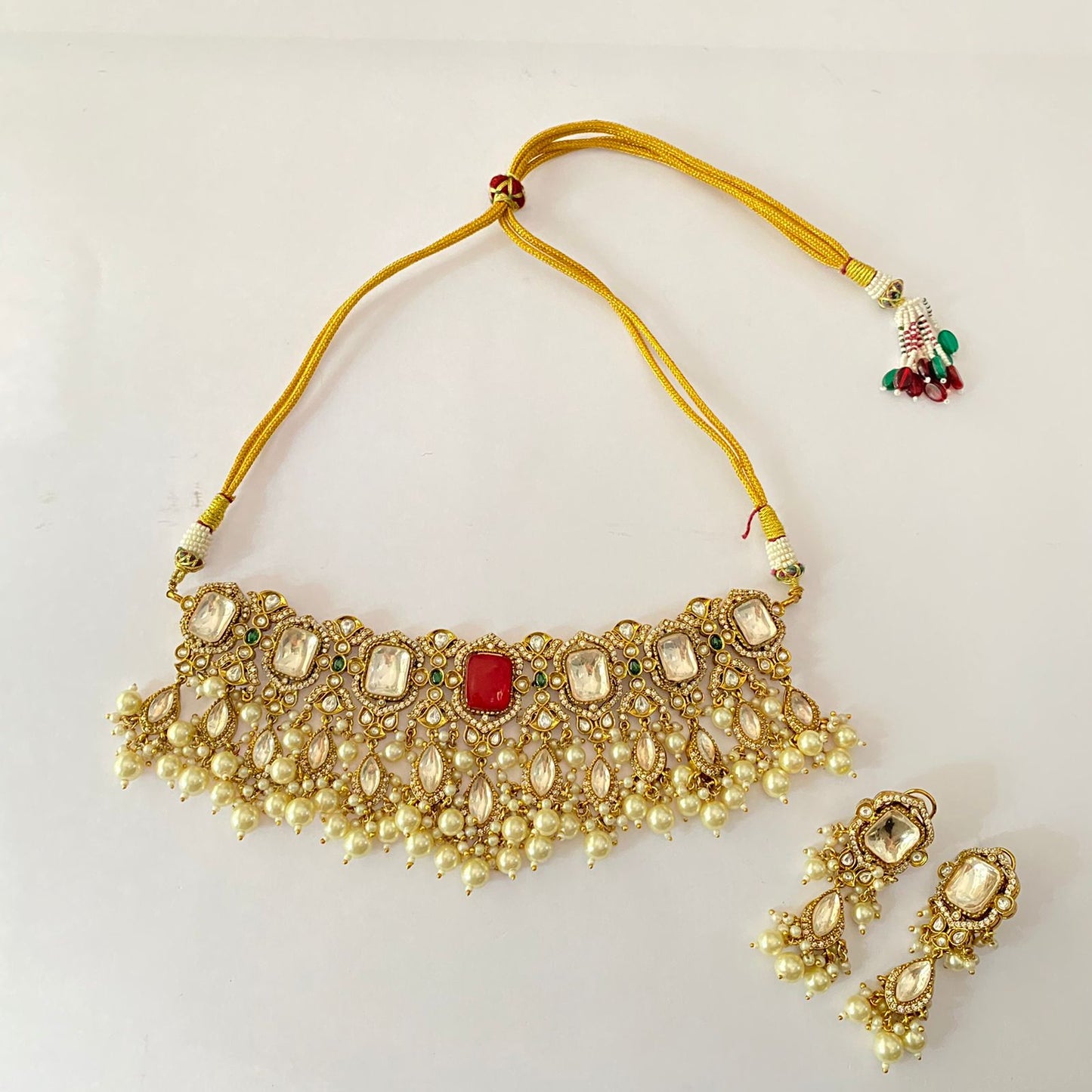 Antique Gold Plated Drop Pearl Ruby Kundan Necklace Set