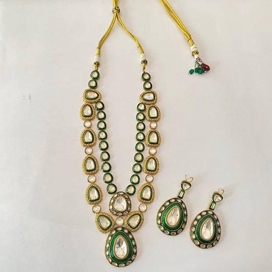 Polki Green Antique Long Necklace With Back Clip Set
