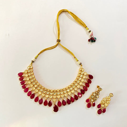 Moissanite Gold Plated Drop Ruby Necklace Set