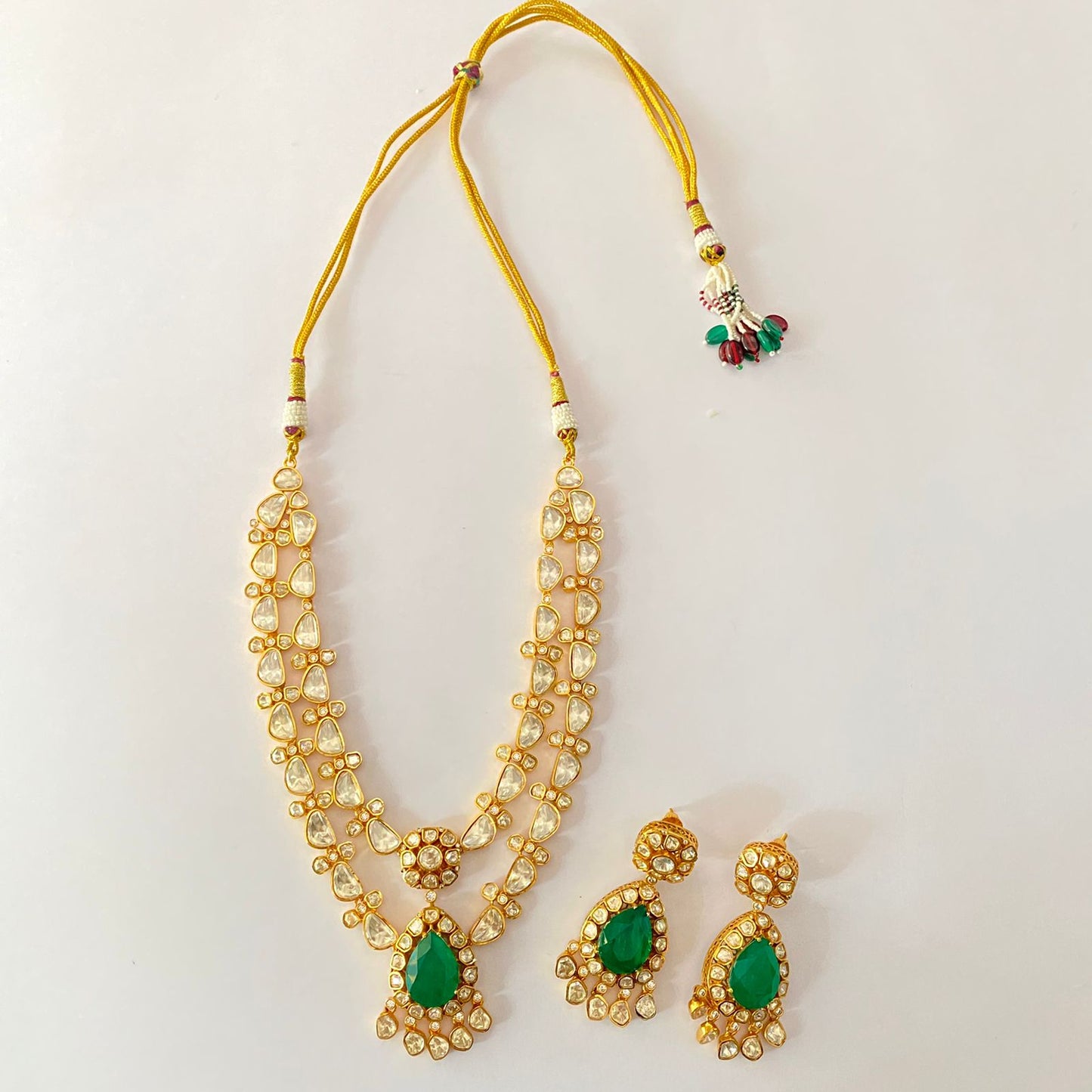 Gold Plated Moissanite Double Line Green Necklace Set