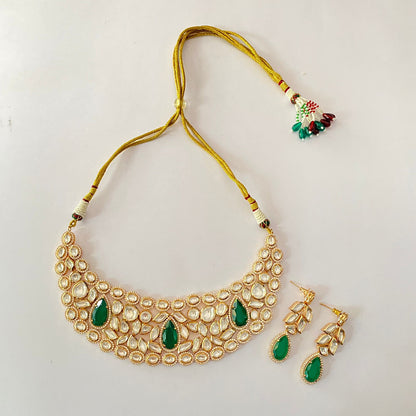Gold Plated Moissanite Kundan Green Necklace Set