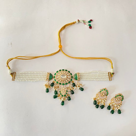 Kundan Green White Beads Choker Set