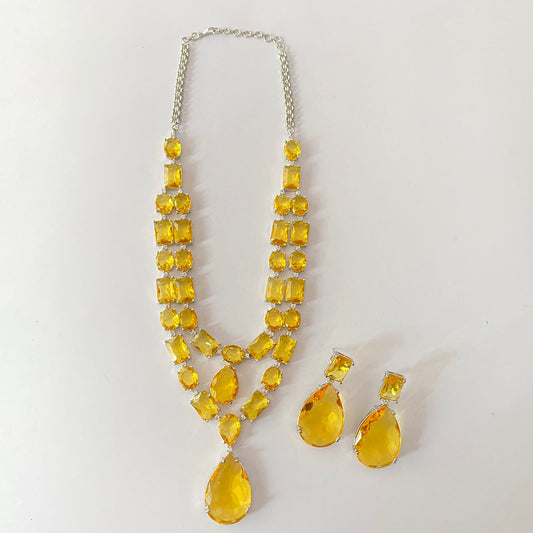 Silver Plated Yellow Double Line Stone Necklace Set