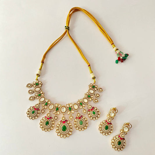 Moissanite Green Antique Gold Plated Necklace Set