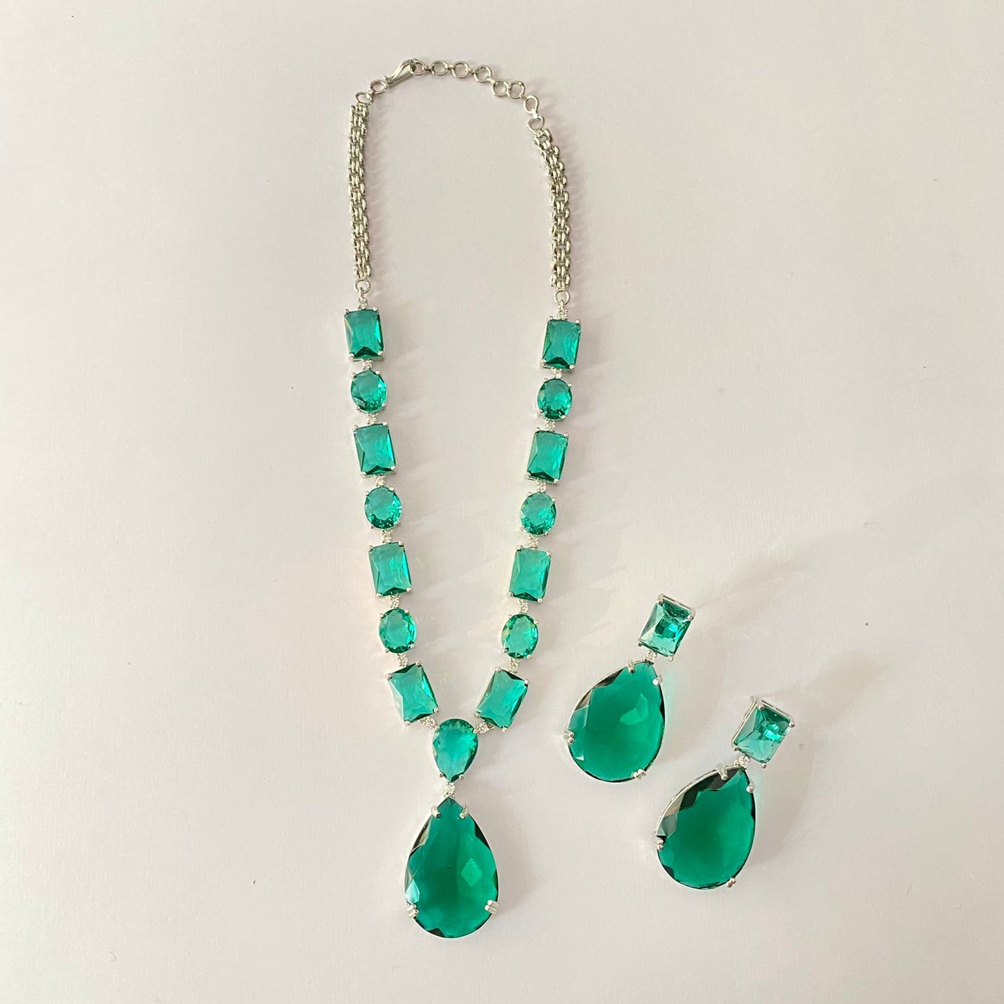 Silver Plated Aquamarine Stone Necklace Set