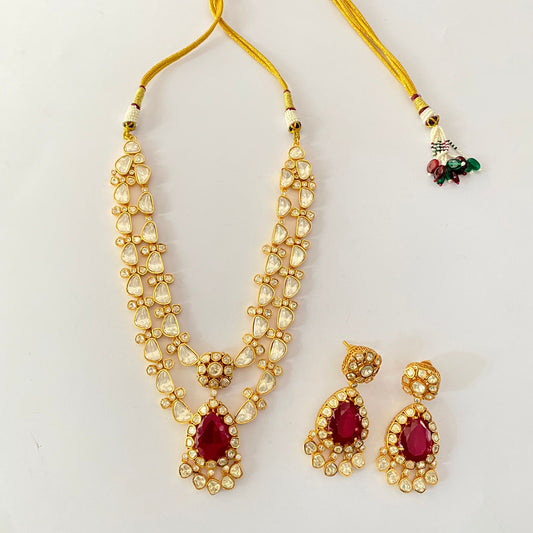 Gold Plated Moissanite Double Line Ruby Necklace Set