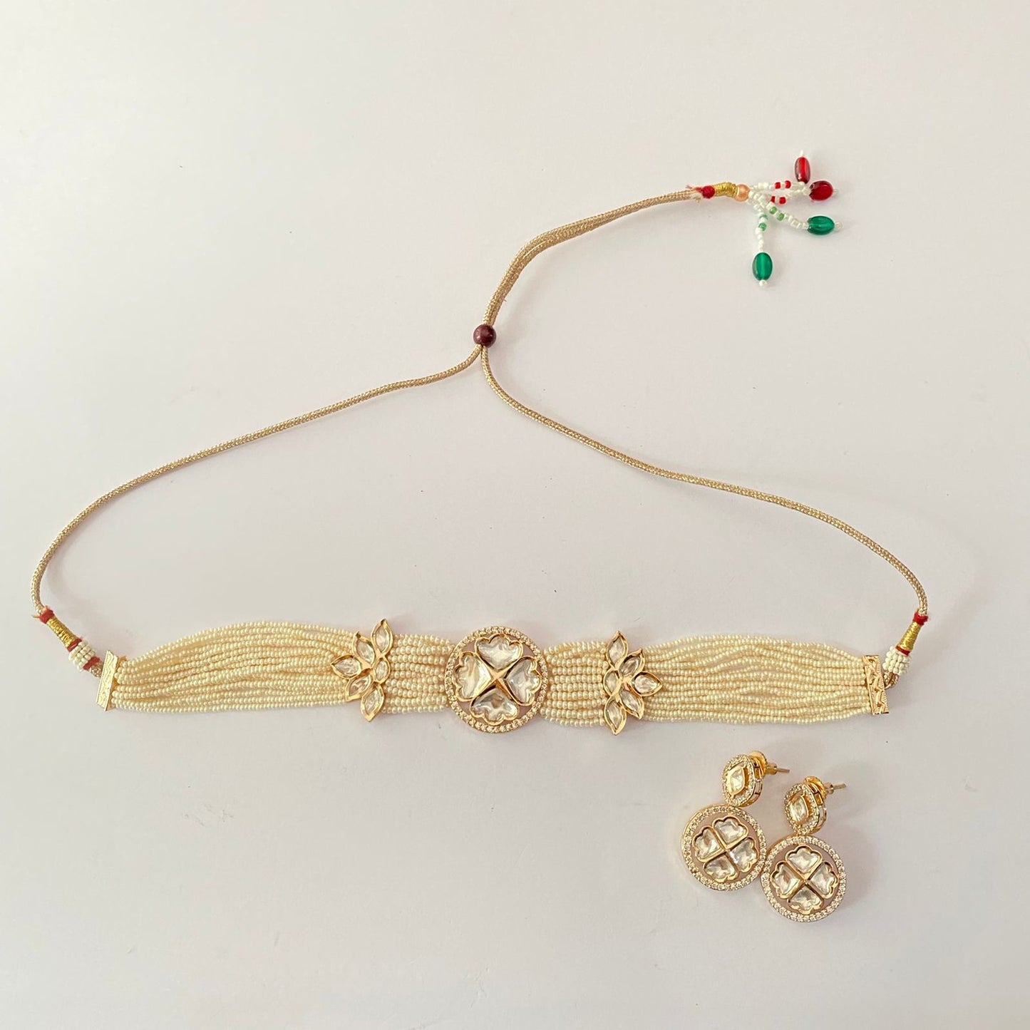 White Beads Gold Plated Kundan Choker Set