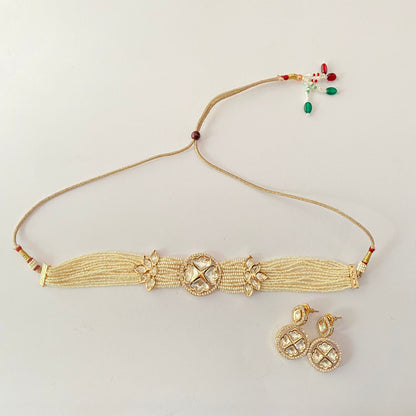 White Beads Gold Plated Kundan Choker Set
