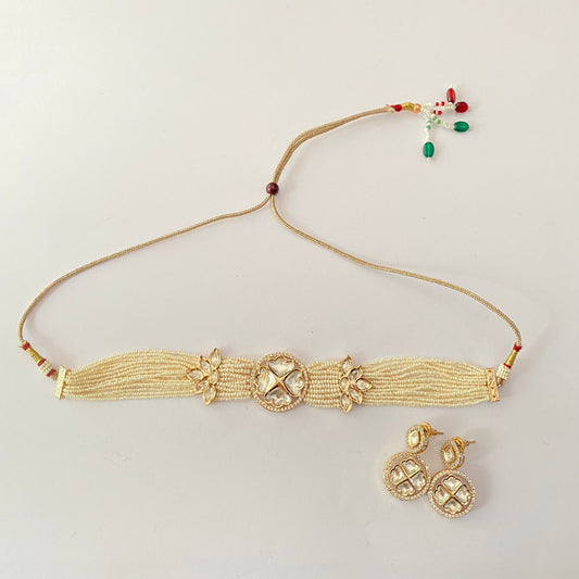 White Beads Gold Plated Kundan Choker Set