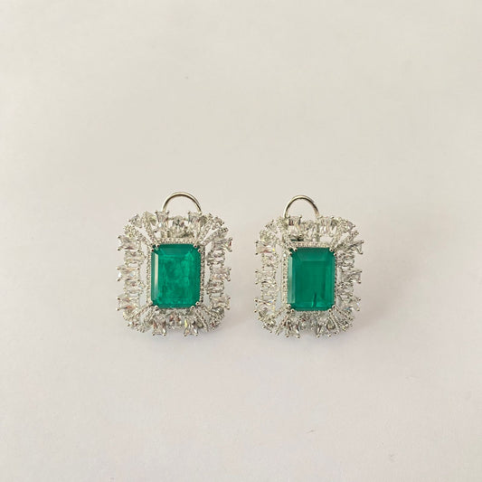 Silver Plated Green Stud With Back Clip