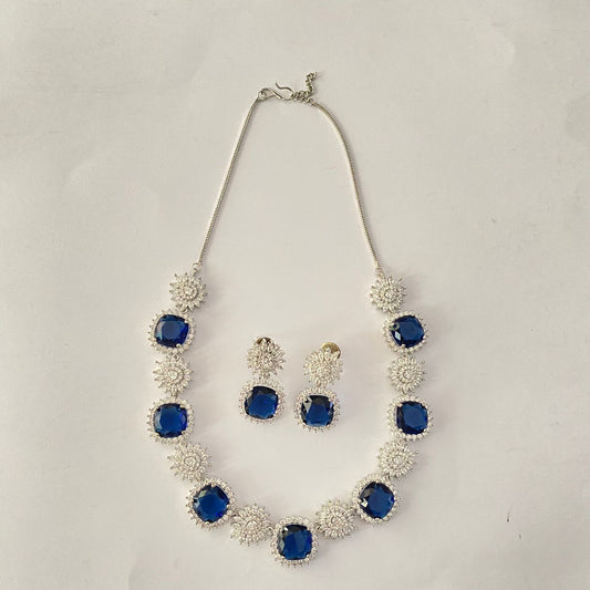 Silver Plated Blue Diamond Necklace Set