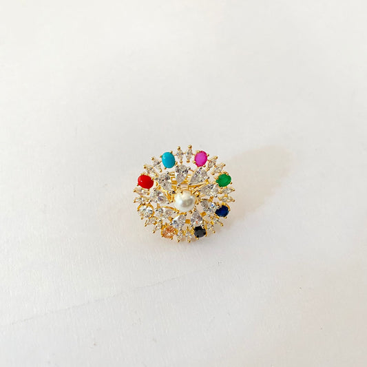Gold Plated Pearl Navratan Ring