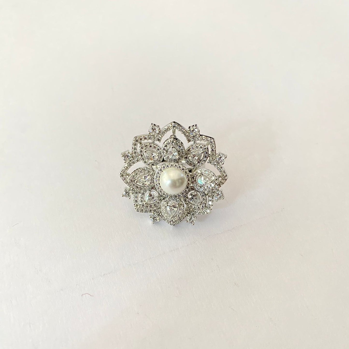 Silver Plated Diamond Pearl Ring