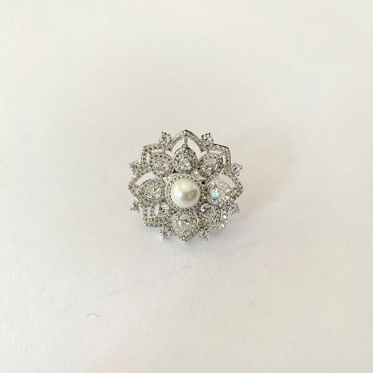 Silver Plated Diamond Pearl Ring