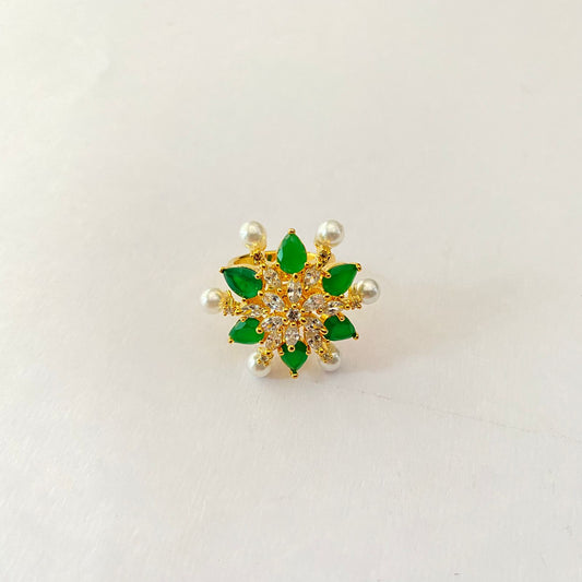 Gold Plated Flower Design Green Ring