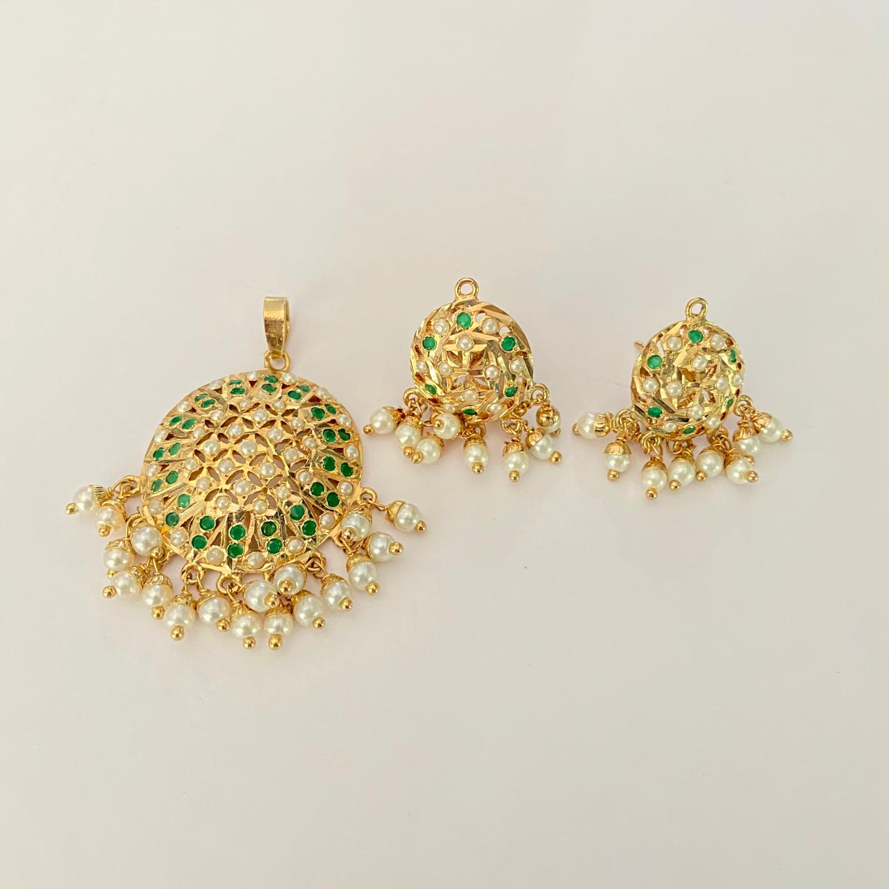 Jadau Gold Plated green latest design with pearl Pendant Set