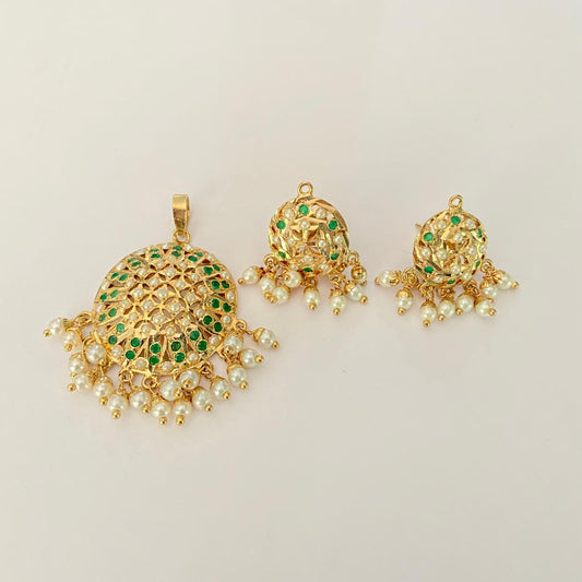Jadau Gold Plated green latest design with pearl Pendant Set