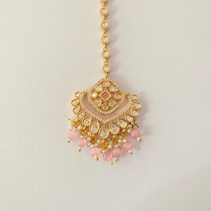 Moissanite Diamond Mangtika with Baby Pink Drop