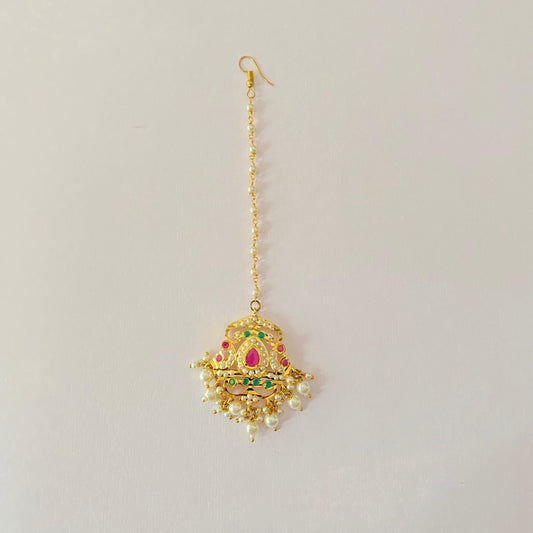 Jadau Mangtika Green and Ruby with Pearl