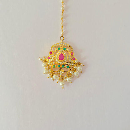 Jadau Mangtika Green and Ruby with Pearl