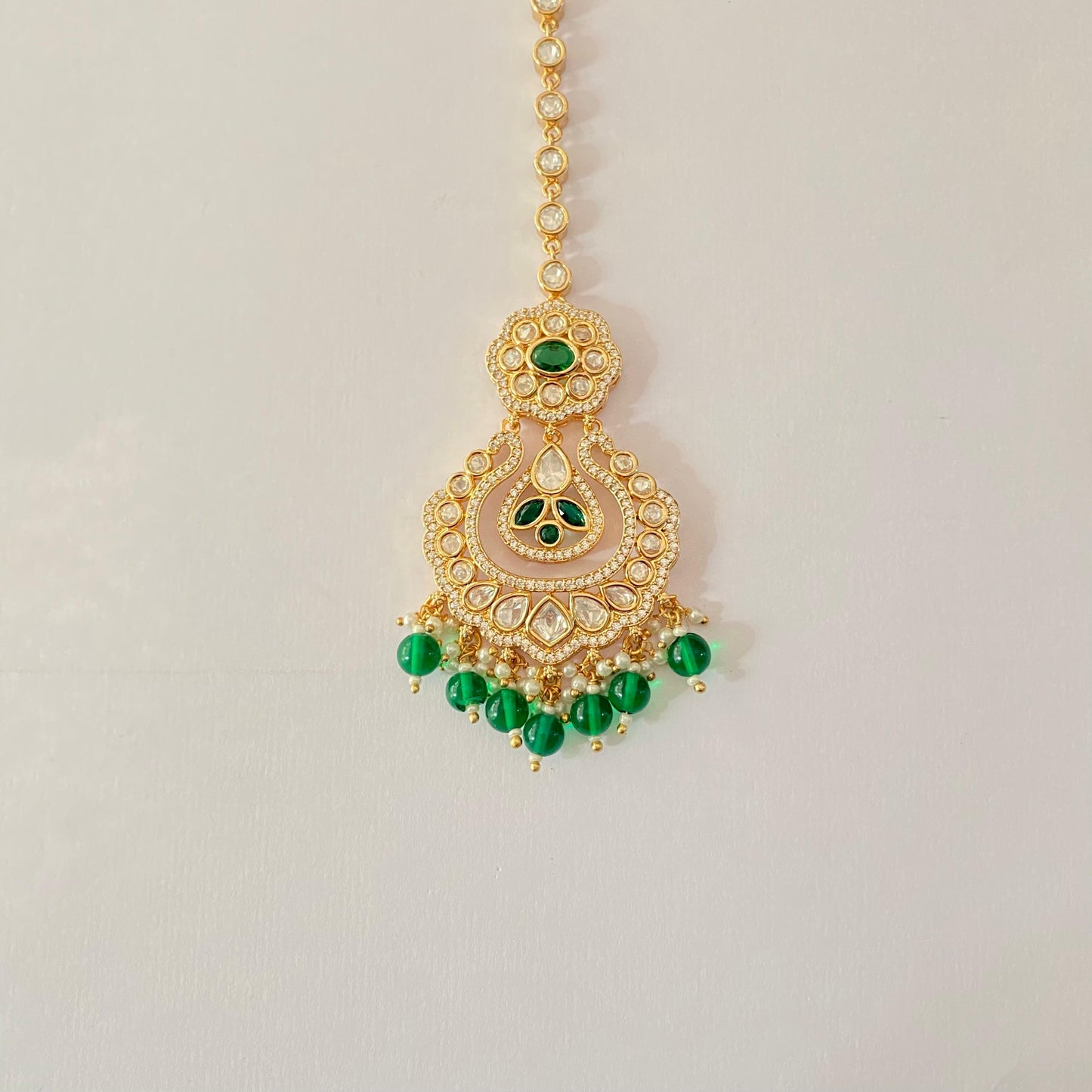Moissanite Diamond Mangtika with Emerald Drop