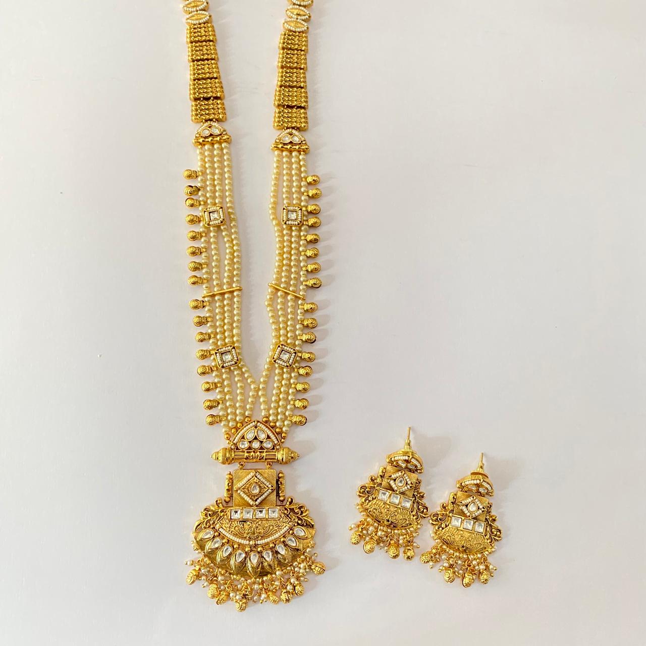 Gold Plated White Pearl Long Necklace Set