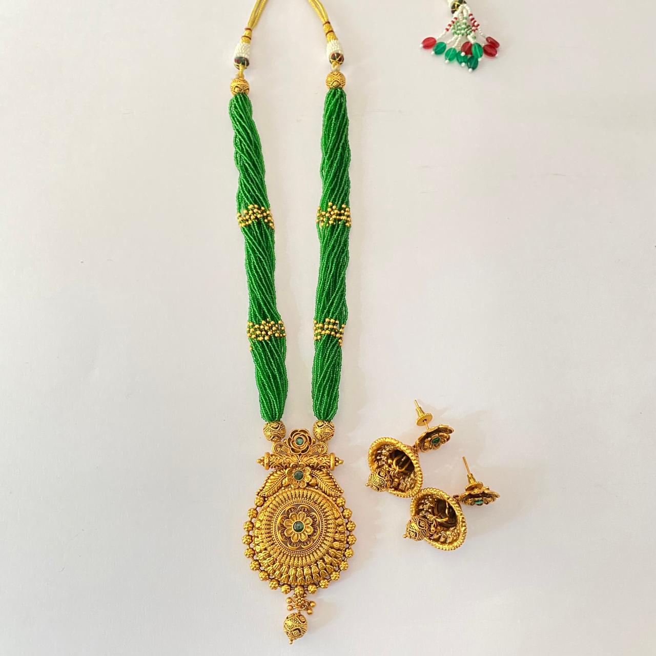 Gold Plated Green Long Necklace Set