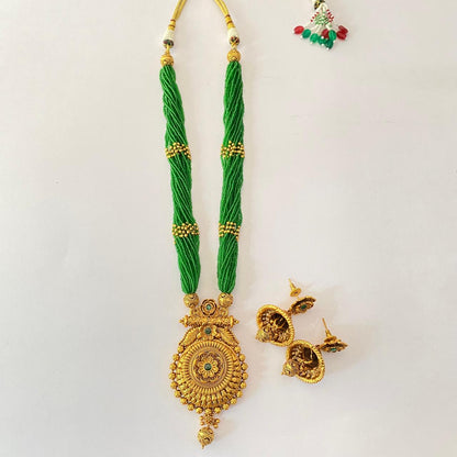 Gold Plated Green Long Necklace Set