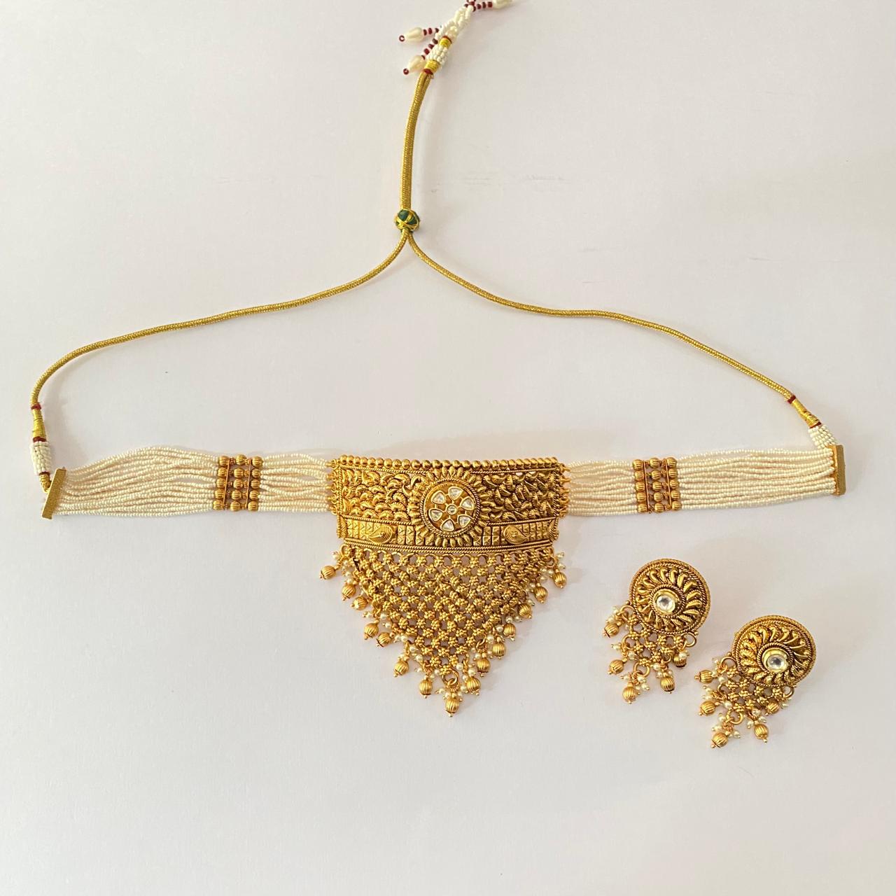 Gold Plated Moissanite White Beads Choker Set