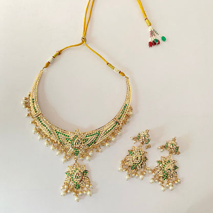 Green White Pearl Jadau Necklace Set