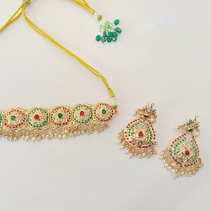 Ruby & Green Gold Plated Jadau Chokar Set