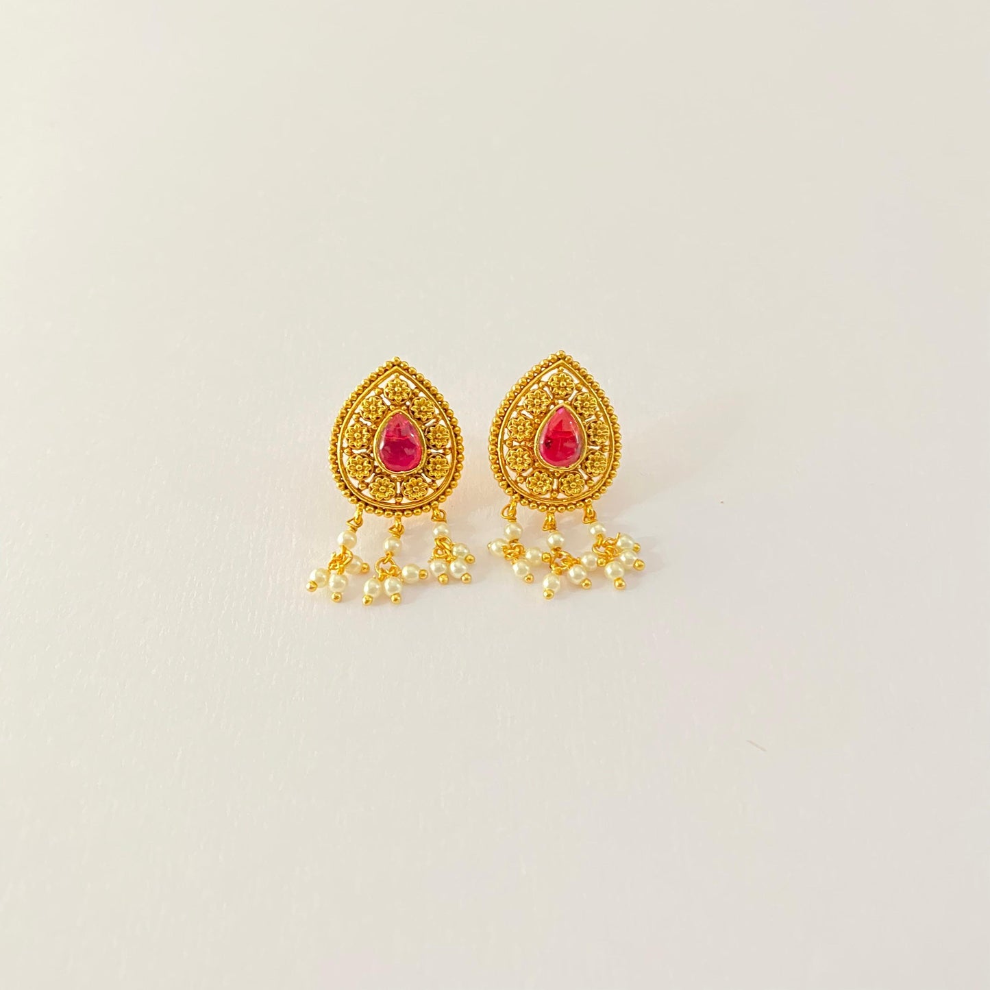 Antique Gold Ethnic Stud with Ruby and Pearl