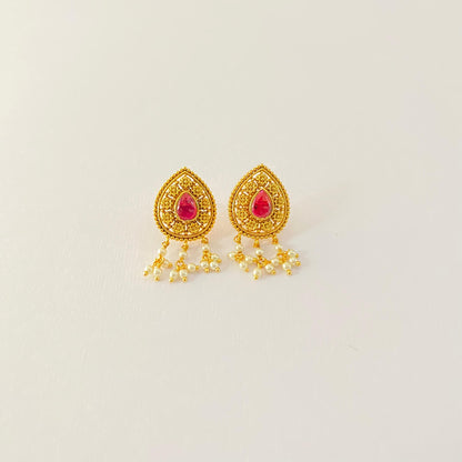 Antique Gold Ethnic Stud with Ruby and Pearl