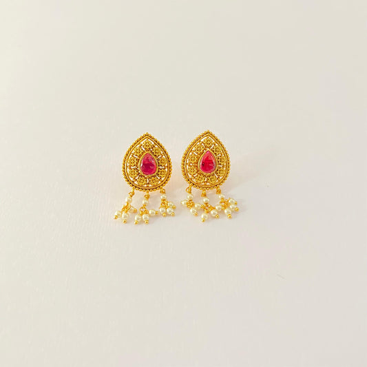 Antique Gold Ethnic Stud with Ruby and Pearl