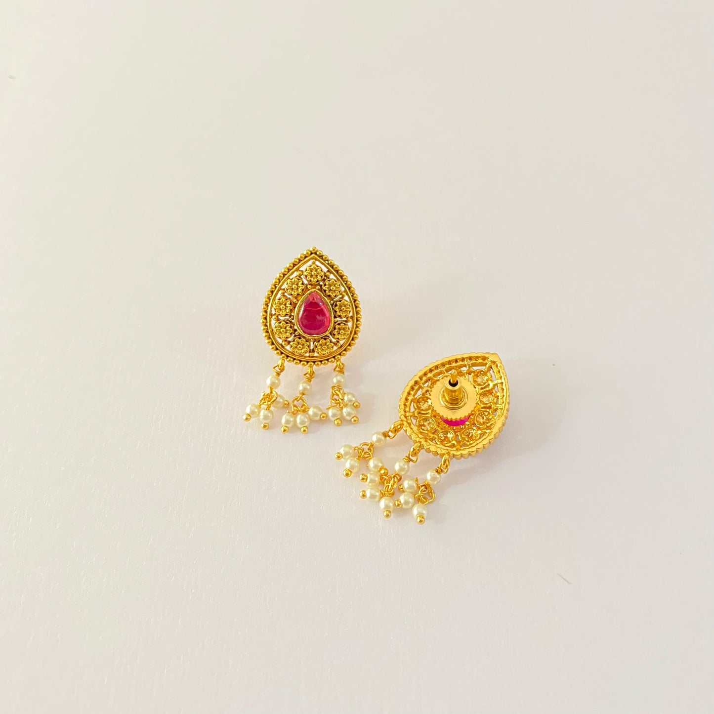 Antique Gold Ethnic Stud with Ruby and Pearl