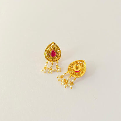 Antique Gold Ethnic Stud with Ruby and Pearl
