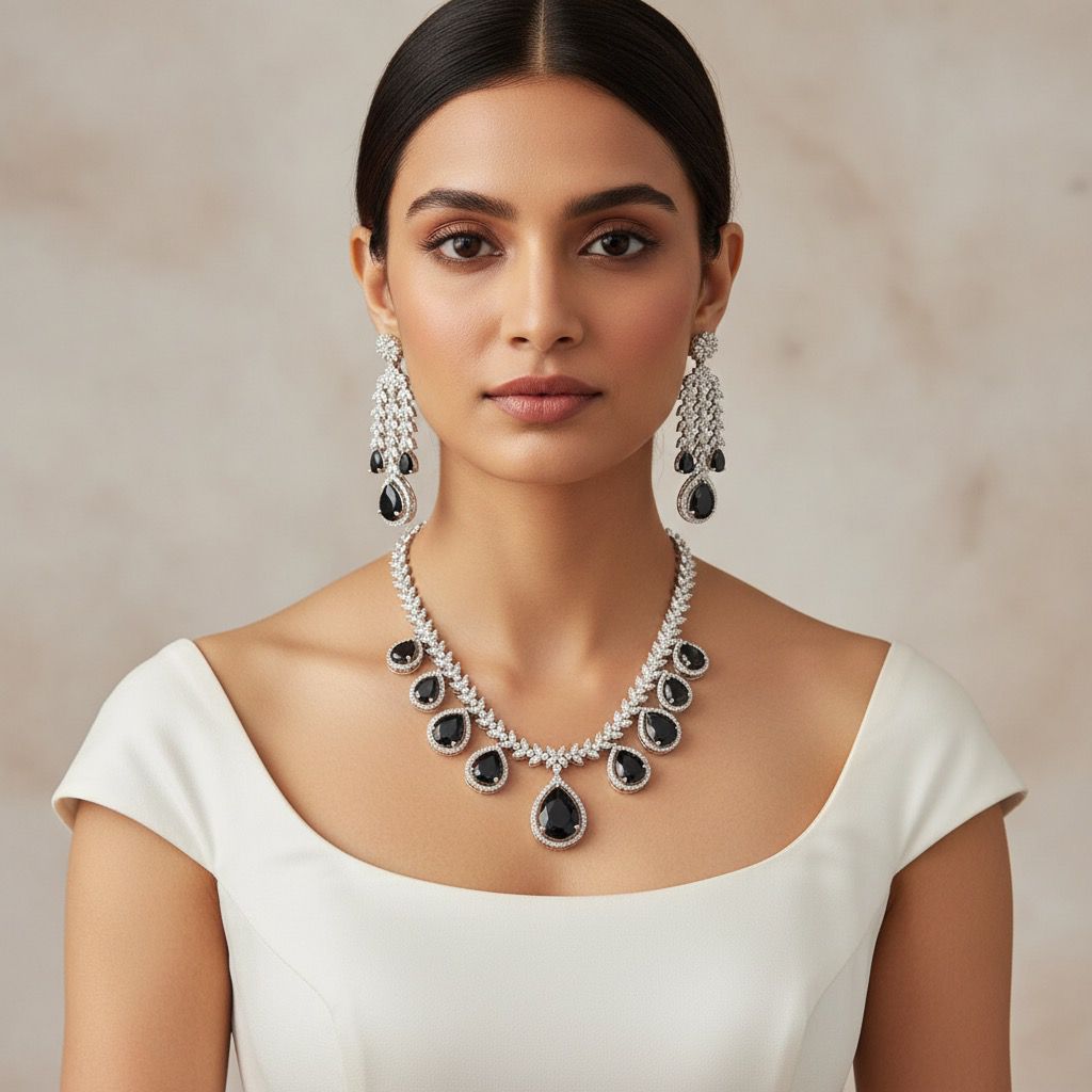 Silver Plated Black Diamond Necklace Set