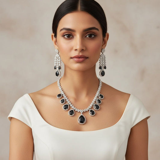 Silver Plated Black Diamond Necklace Set