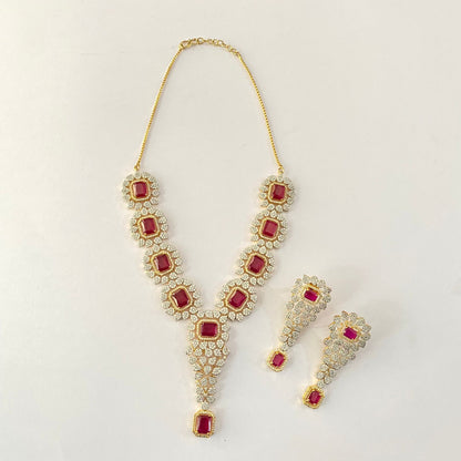 Ruby diamond Gold plated long necklace Set