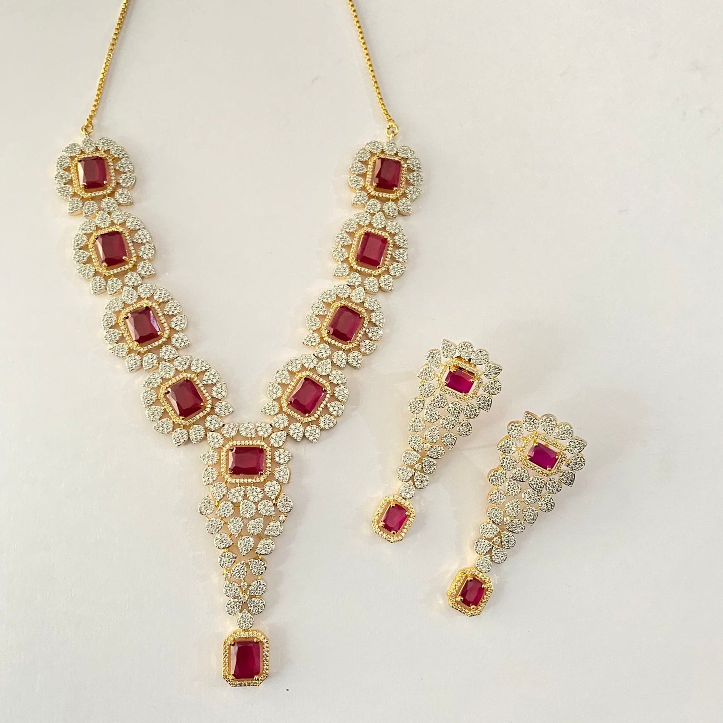 Ruby diamond Gold plated long necklace Set