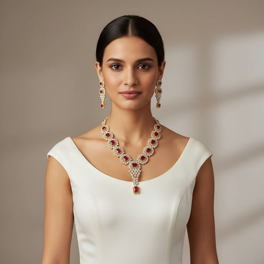 Ruby diamond Gold plated long necklace Set