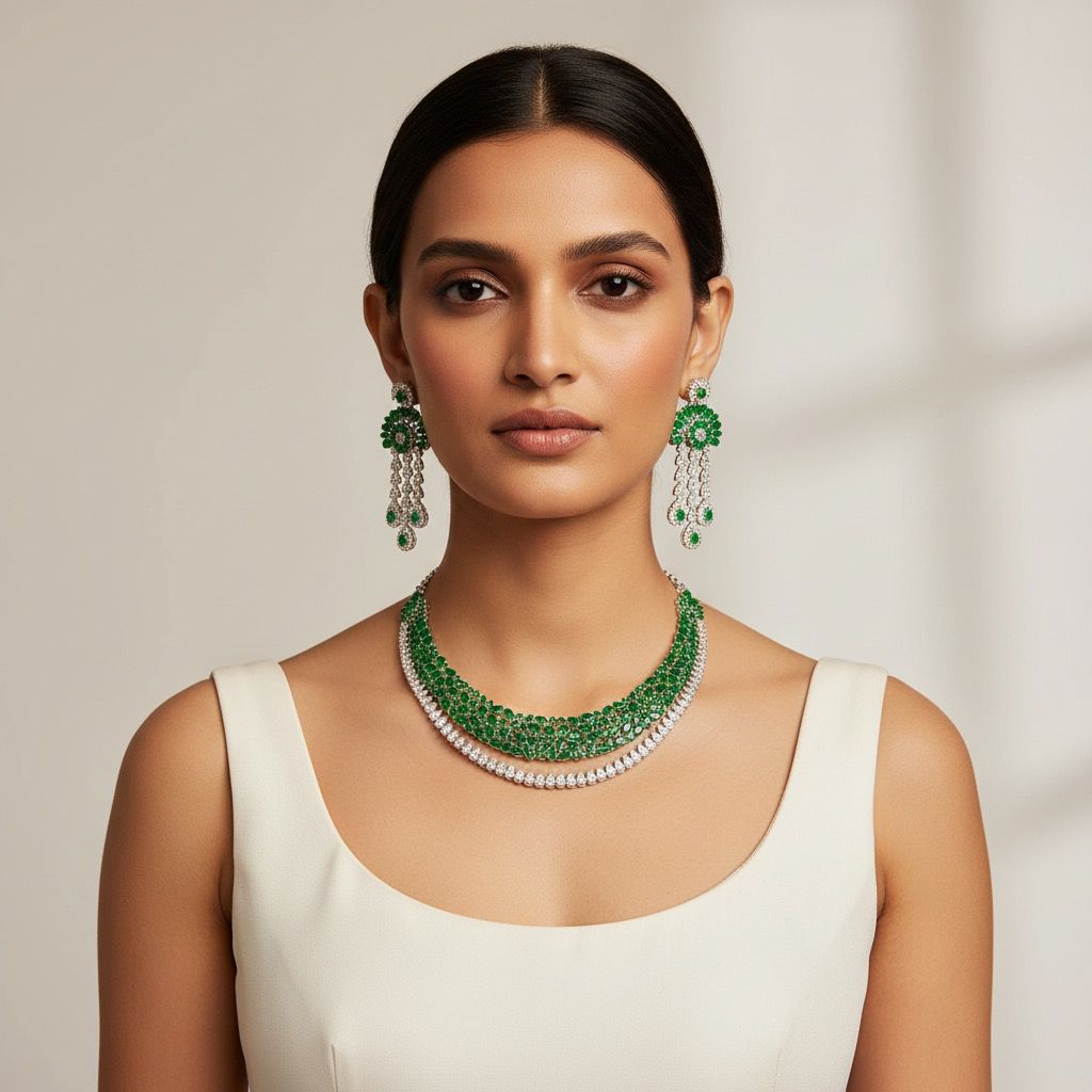 Silver plated Elegant asthetics diamond emerald necklace Set