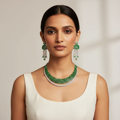 Silver plated Elegant asthetics diamond emerald necklace Set