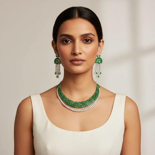 Silver plated Elegant asthetics diamond emerald necklace Set
