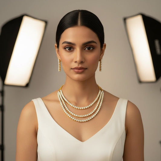 Three Line Diamond Gold Plated Necklace Set