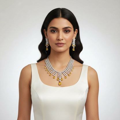 Gold plated  yellow opal diamond classic necklace set