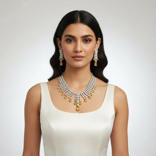 Gold plated  yellow opal diamond classic necklace set