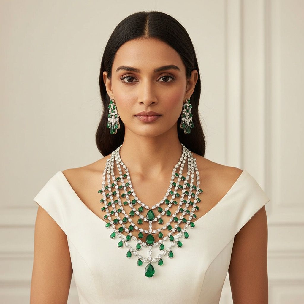 Silver plated gorgeous diamond and emerald necklace designs Set